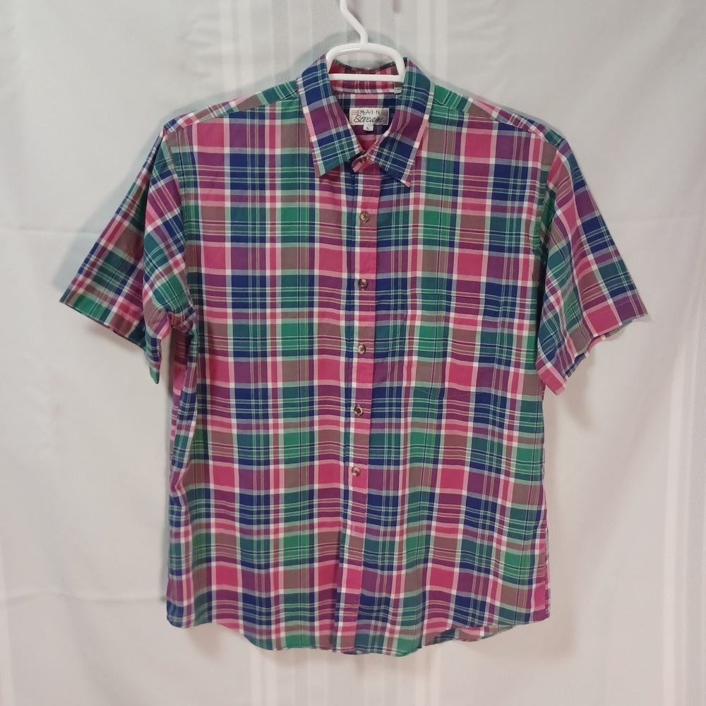 Main Stream Button Down Shirt Mens L Multi Color Plaid Short Sleeve Pocket Top